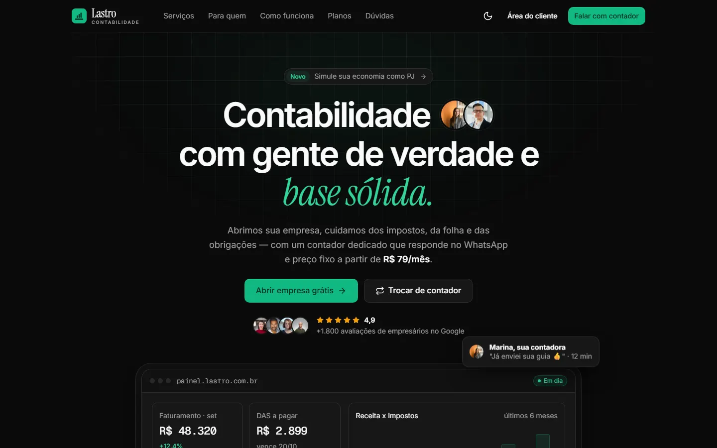Página inicial do site da Lastro Contabilidade