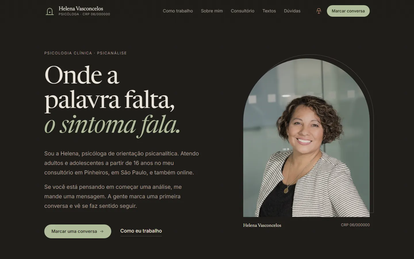 Página inicial do site da psicóloga Helena Vasconcelos