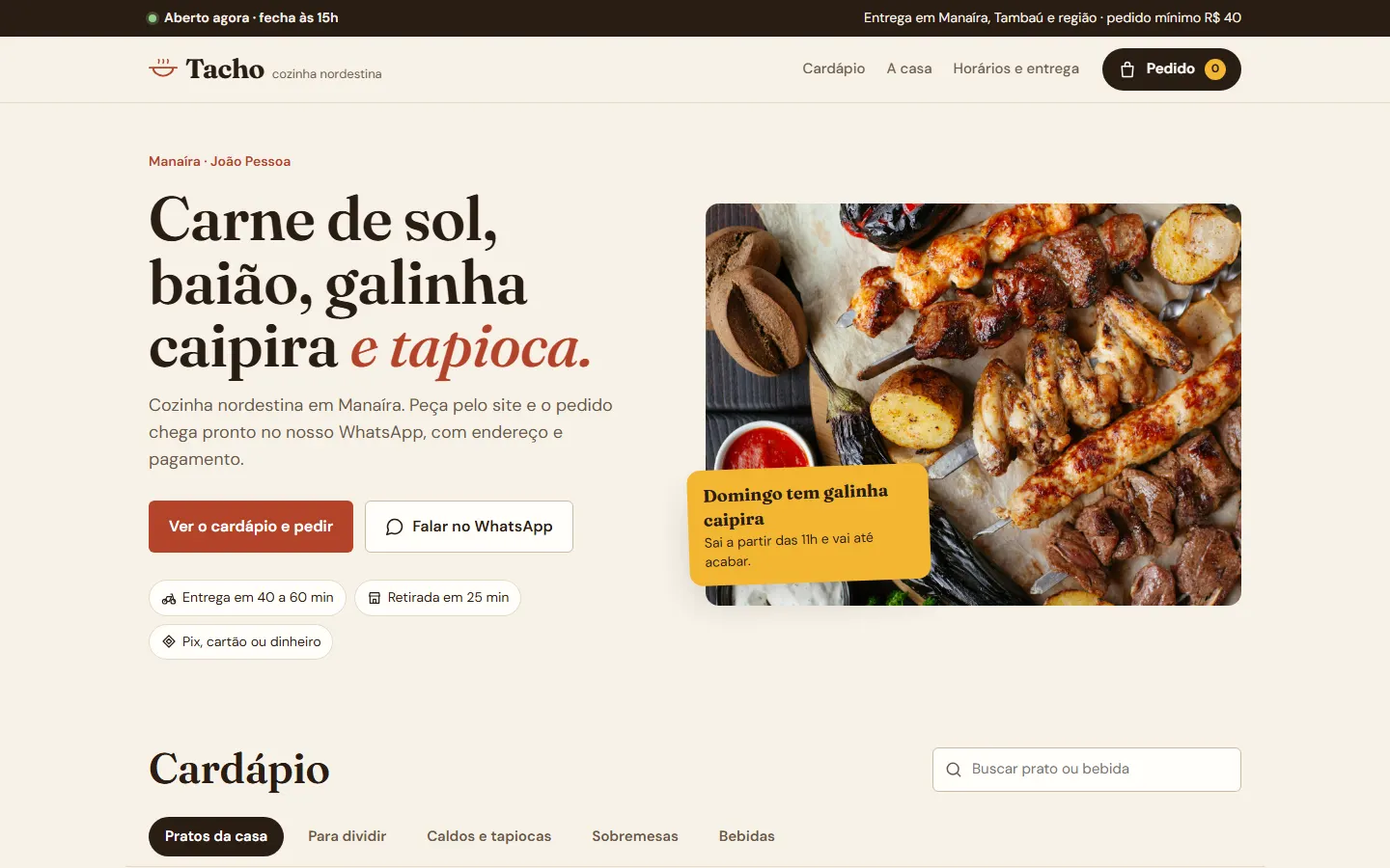 Página inicial do site do restaurante Tacho